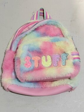 Pastel Rainbow Plush Kids Backpack with 'STUFF' Pouch